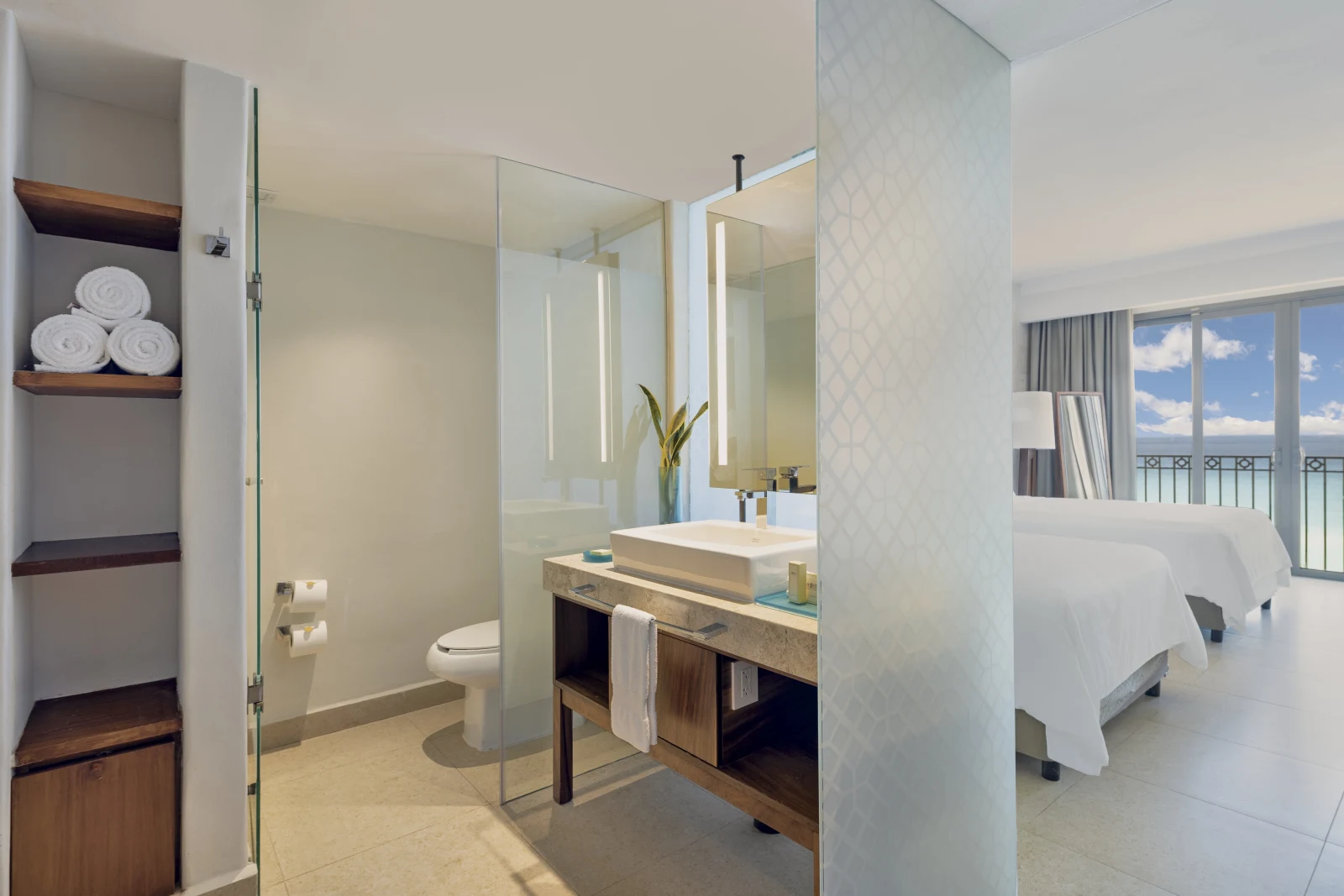Premium ocean-front room and bathroom at Fiesta Americana Condesa Cancún